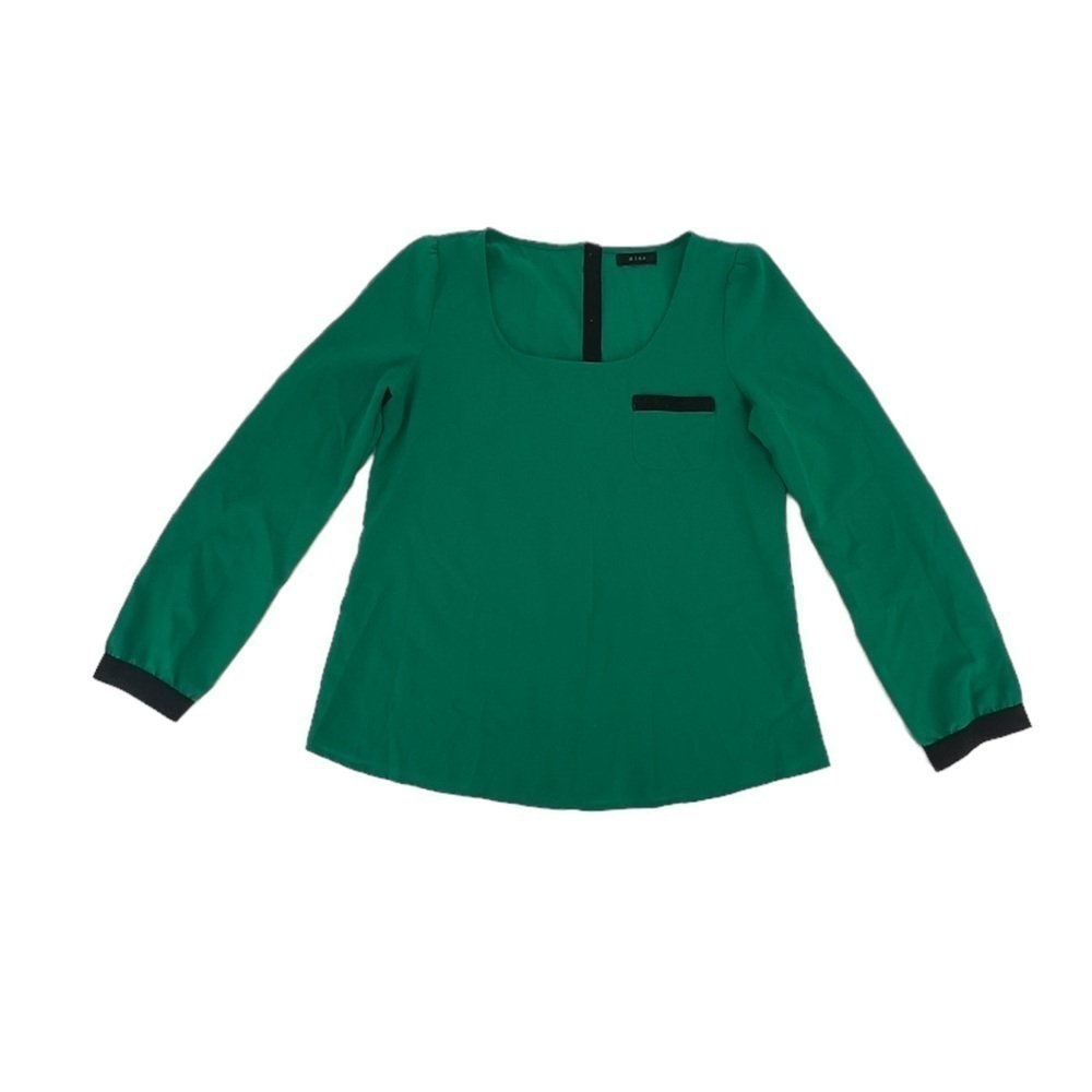 Mine Green Black Trim Long Sleeve Back Button Up Blouse Size Medium Women’s